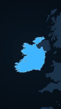 Ireland highlighted on a map of Europe with glow vertical video