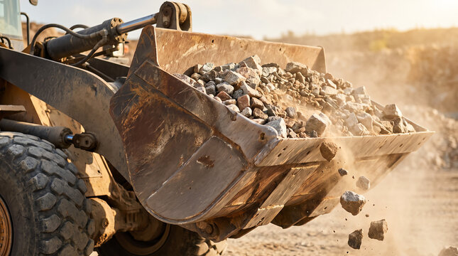 Wheel loader bucket dumping and unloading gravel and crushed rocks at dusty quarry during construction work