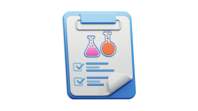 Scientific research checklist icon featuring laboratory flasks and completed tasks on a blue clipboard for education or clinical study analysis 85