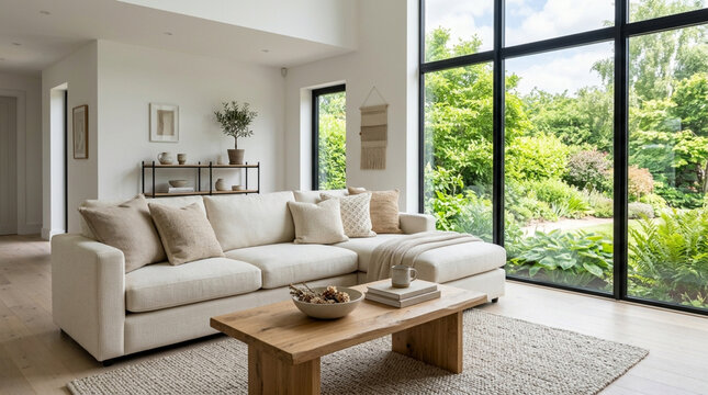 Modern Living Room with Large Windows and Garden View, Cozy Sofa