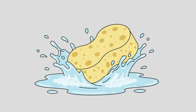 Yellow cleaning sponge splashing into water with dynamic water droplets foam and ripples against a grey background.