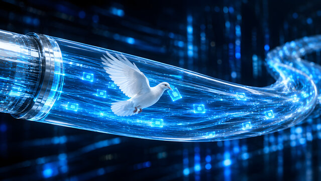 Futuristic Fiber Optic Data Transfer Tunnel with Glowing Digital Light Streams