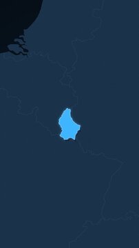 Luxembourg highlighted on a map of Europe with glow vertical video