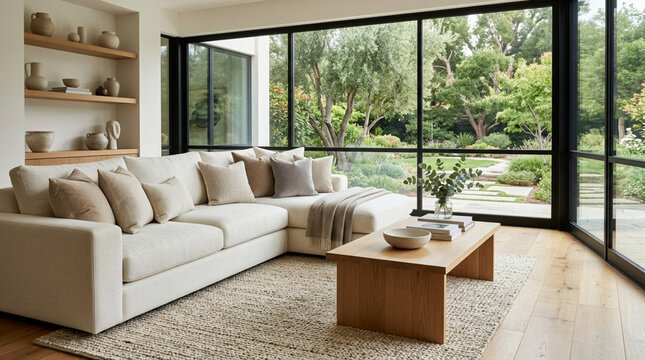Modern Living Room with Large Windows and Garden View