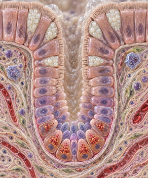 Intestinal Crypt Cellular Architecture Close Up