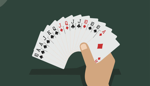 Human hand fan out playing cards with various suits including aces jacks and tens against a dark background.