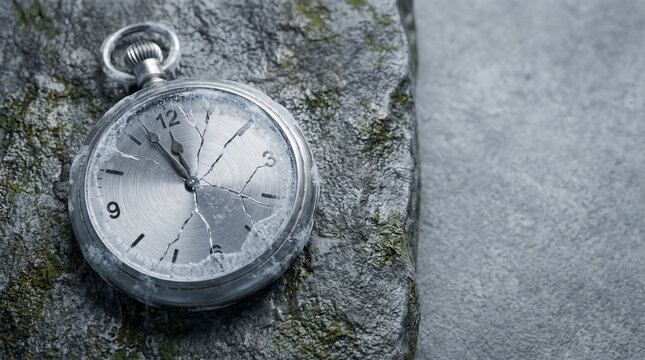 Cracked pocket watch resting on rough stone beside gray surface, creating quiet vintage scene with visible damage and weathered texture