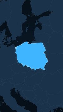 Poland highlighted on a map of Europe with glow vertical video