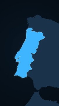 Portugal highlighted on a map of Europe with glow vertical video