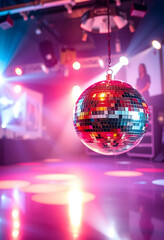 Fototapeta premium Nightlife and party atmosphere, disco ball reflecting colorful lights in a nightclub with dance floor and music event entertainment celebration