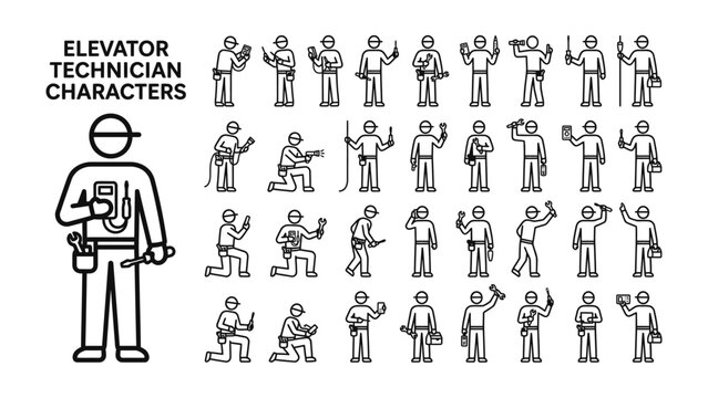 Elevator Technician Characters: A collection of line art illustrations depicting various elevator technician poses and actions, ideal for technical diagrams and instructional materials.