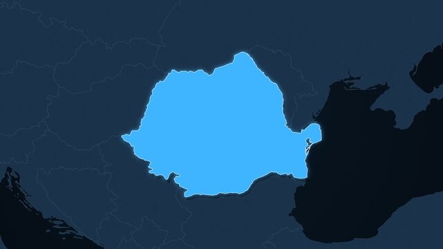 Romania highlighted on a map of Europe with glow