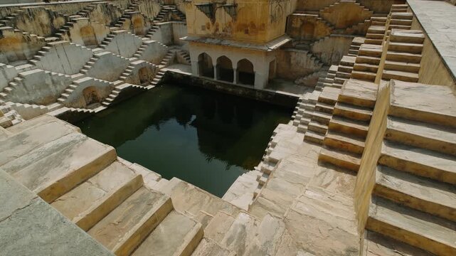 Ancient panna meena ka kund stepwell near amer fort in jaipur, rajasthan featuring intricate geometric stairs leading down to the water reservoir