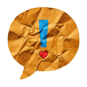 Crumpled brown paper speech bubble with blue exclamation mark and small red heart isolated on transparent background