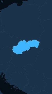 Slovakia highlighted on a map of Europe with glow vertical video