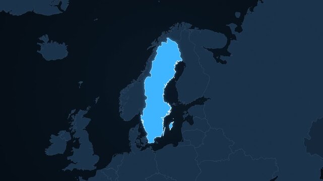 Sweden highlighted on a map of Europe with glow