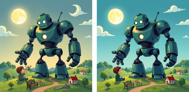What is the difference   giant robot young boy landscape    5 parts different illustration alteration dissimilar disparity discrepancy divergence distinctness variation unlikeness variance, not the sa