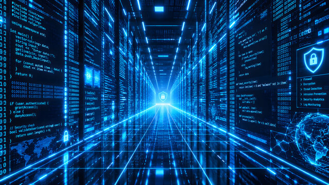 Futuristic data center corridor with endless server racks lining both sides of a long symmetrical road, representing massive data storage, expanding digital infrastructure, big data growth, cloud comp