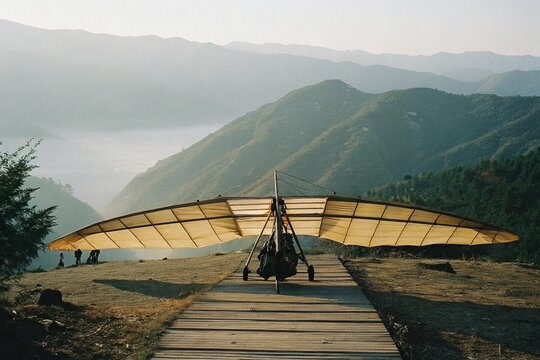 Vintage hang glider parked on a wooden ramp facing mountain scenery
