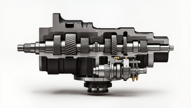 Multi-Speed Countershaft Gearbox with Hydraulic Manifold, White Background