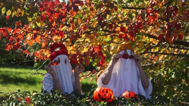 two kid in Halloween ghost costumes Wearing bright hats and black glasses,  in the park. Halloween party