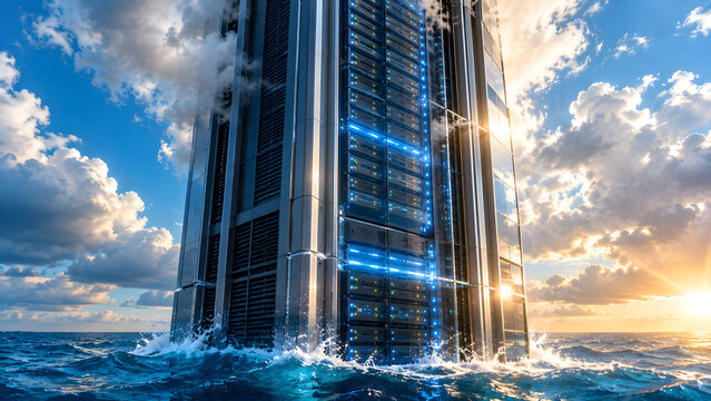 Futuristic data center corridor with endless server racks standing in ocean  representing massive data storage, expanding digital infrastructure, big data growth, cloud comp