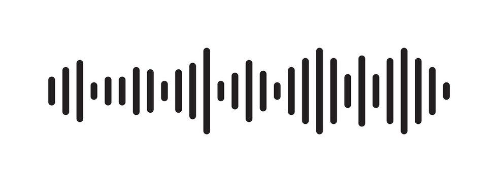 Black sound wave icon isolated on white background. Digital audio equalizer frequency pulse music track vector element. Simple voice recording signal waveform layout template.