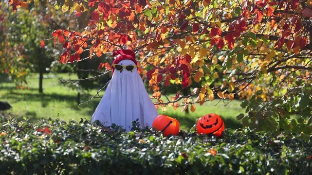 two kid in Halloween ghost costumes Wearing bright hats and black glasses,  in the park. Halloween party