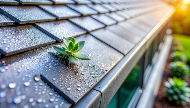Macro architectural detail of biodegradable iridescent chitosan facade shingles with tiny micro-succulents