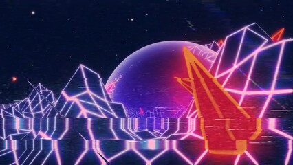Red angular pyramid rises before a purple sphere and wireframe mountains © swillklitch