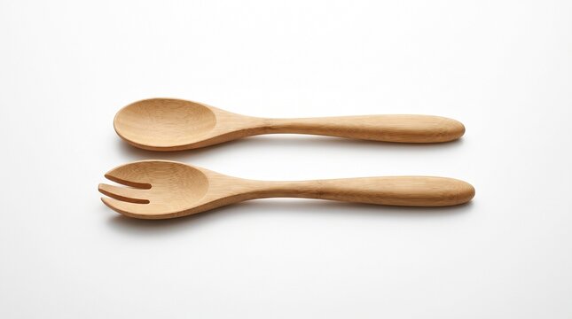 A pair of minimalist bamboo salad servers consisting of one spoon and one fork, neatly aranged