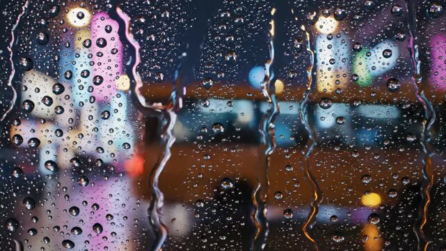 Rain falls on a window, creating a blurred view of city lights at