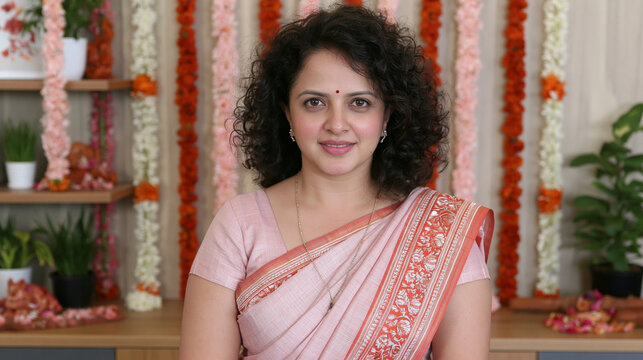 Woman smiling in a traditional pink saree indoors with floral decorations on the wall behind her.