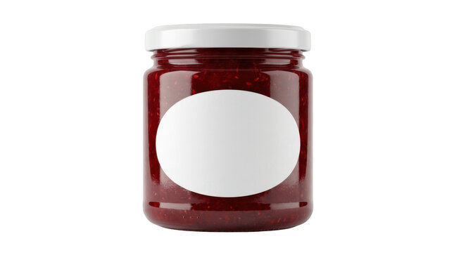 Glass jar of red fruit jam with blank oval label isolated on transparent background