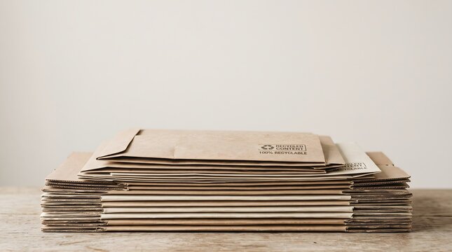 Stack of flattened recycled cardboard boxes and mailer envelopes with eco recycling symbols on a wooden table for sustainable shipping and e-commerce