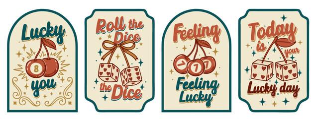 Fototapeta premium Vintage style retro labels with cherries and dice motifs for luck