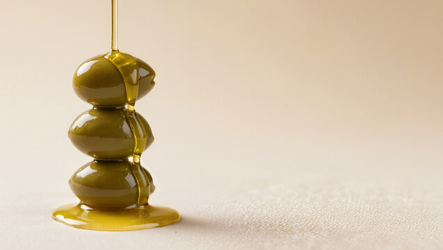 Three glossy green olives stacked in tower with golden olive oil pouring over, minimal composition on soft beige surface with oil pool, conceptual extra virgin olive oil and gourmet quality concept