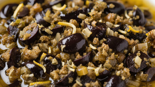 Rich black olive tapenade with capers herbs and olive oil in close up, macro showing glossy chopped texture and spread detail, conceptual gourmet appetizer and mediterranean cuisine concept