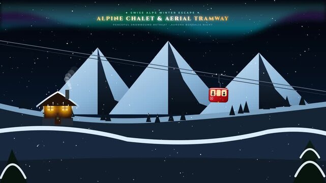 Minimalist flat vector animation of a winter night in the Alps featuring a red aerial tramway moving past a cozy lit chalet and snowy mountains under a bright aurora borealis sky.