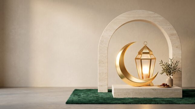 Gold crescent moon and arabic lantern on podium stand for ramadan kareem