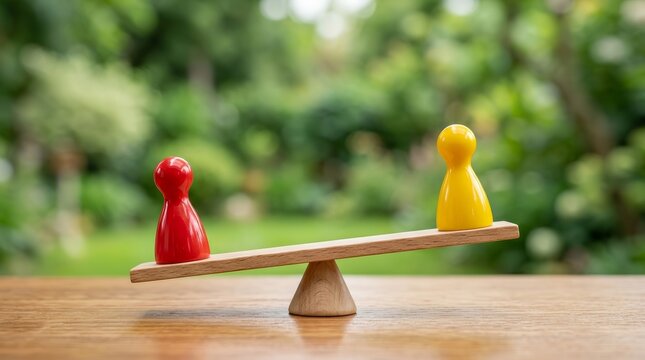 Close-up shot of red and yellow pawns balancing on a wooden seesaw for business teamwork concepts.
