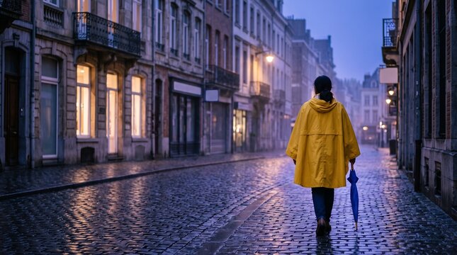 Woman walks home on a rain-lit city street