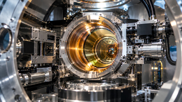 Interior View of Complex High Precision Optical Lithography Lens System and Multi Element Glass Assembly inside Semiconductor Machine   