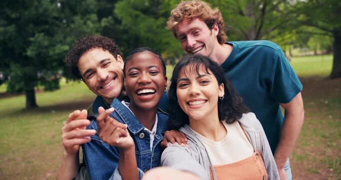 Face, students and selfie in college with heart hands, bonding and memories for final academic year. Happy, people and outdoor on university campus with photography, emoji and post for social media.