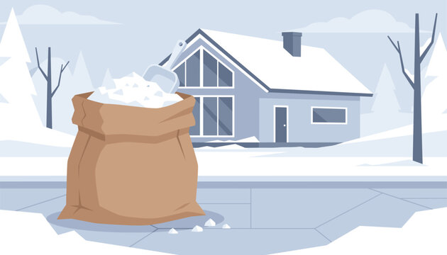 Large burlap sack filled with rock salt and scoop shovel sits on snowy pavement outside winter home.