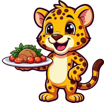 Cute cartoon leopard holding a plate of delicious roasted meat with tomatoes vector illustration, funny jaguar animal mascot character isolated on white background