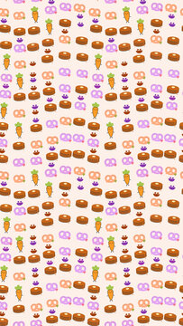 Cute food pattern with carrots, pancakes, and pretzels
