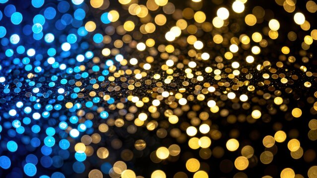 ethereal bokeh banner of blue gold and black glitter lights for premium advertising background copy space