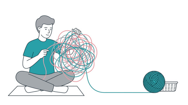 Man Untangling a Messy Ball of Yarn Vector Illustration, Concept of Problem Solving, Mental Health Therapy and Simplifying Complexity