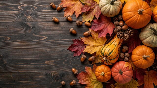 elegant top view thanksgiving centerpiece with autumn leaves pumpkins gourds and acorns on rustic wood table for holiday design promotion